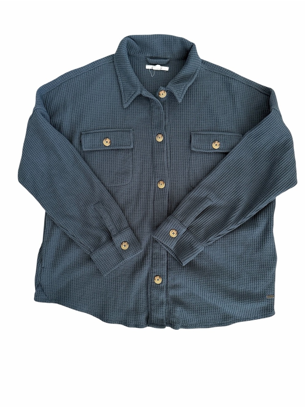 Waffle Knit Button-Front Shirt Jacket - Blue - Picture 2 of 5